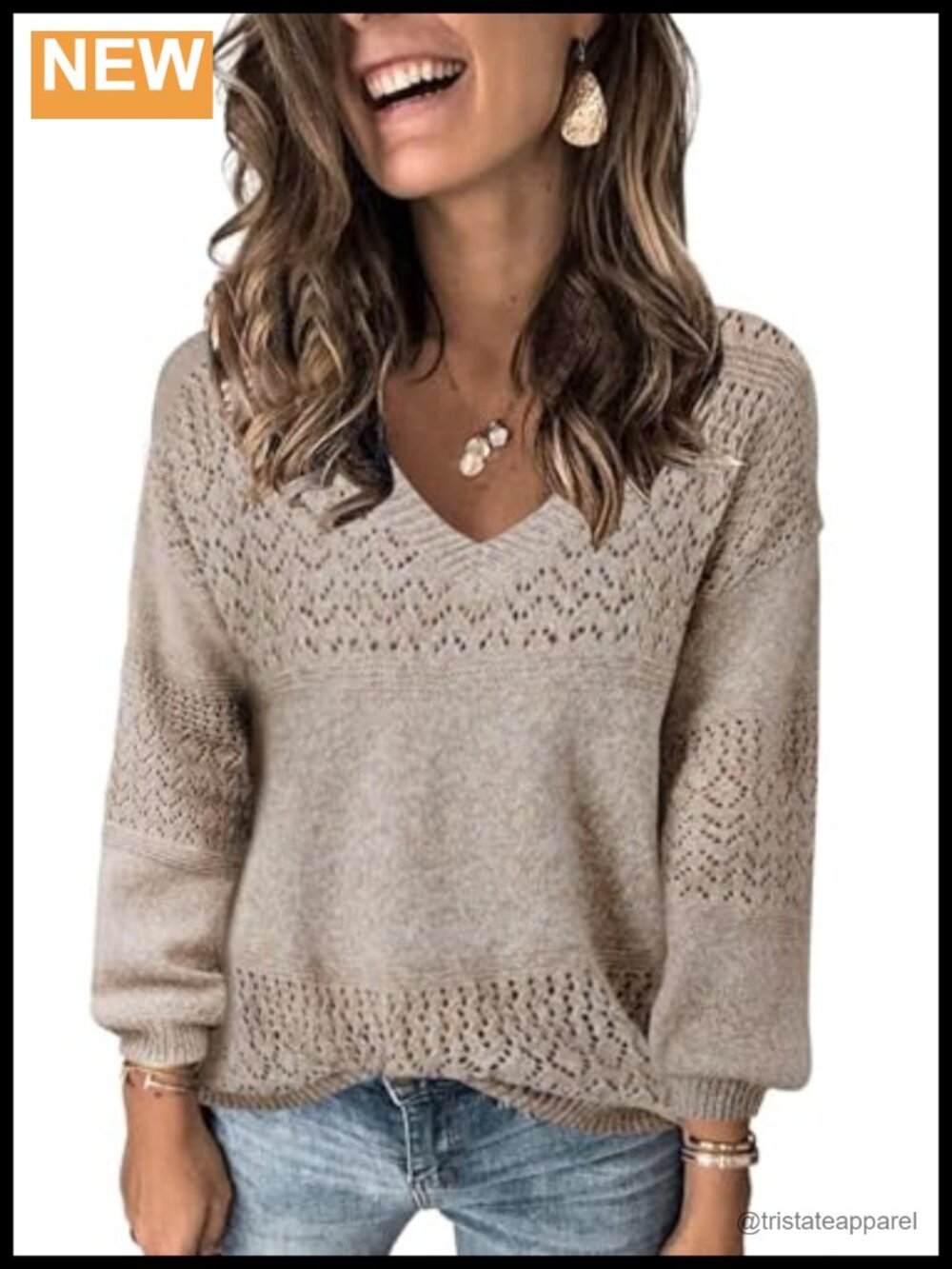 Women's V-Neck Long Sleeve Crochet Hollow Knit Pullover Sweater Lightweight